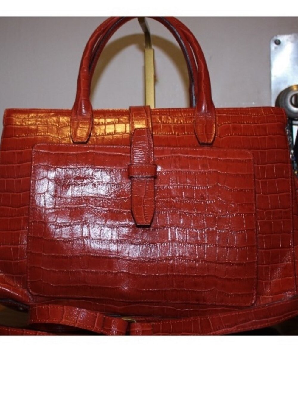 Claudia Firenze Brick Red Croc Embossed Sleek Tote Shoulder Bag